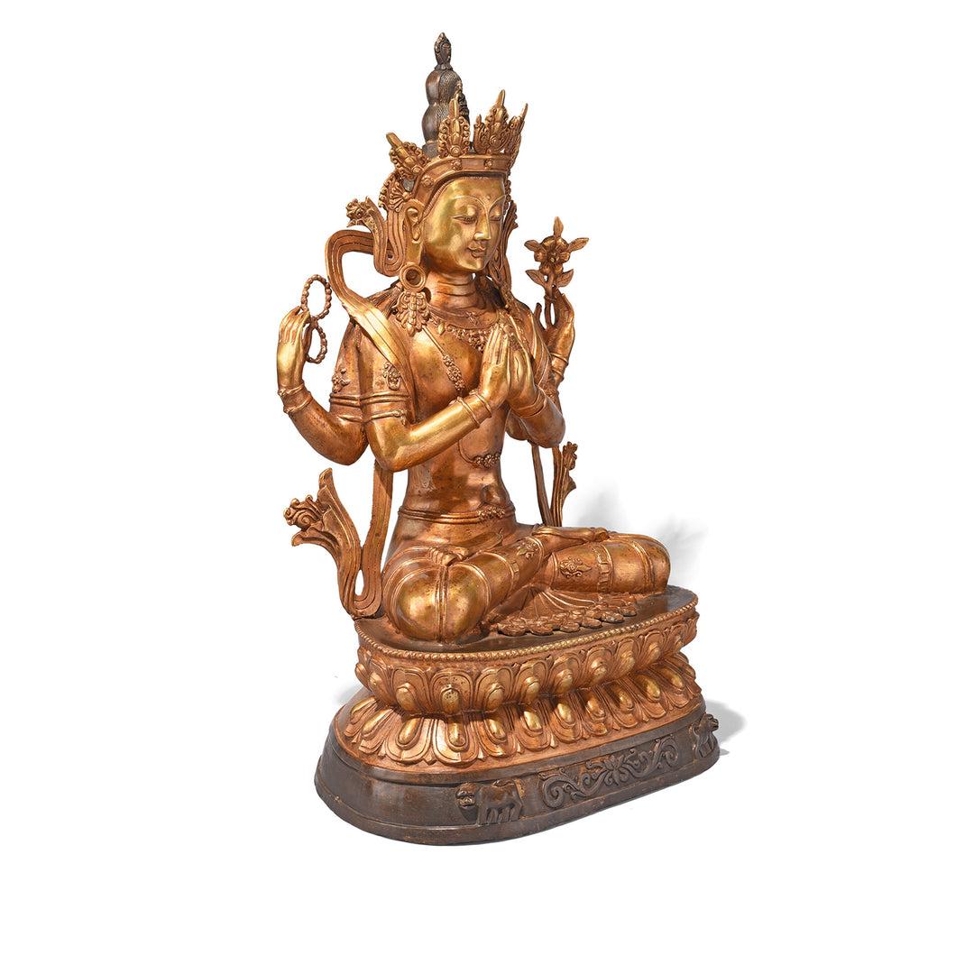 Side Gilt Nepalese Bronze Four Armed Chenrezig (Avalokiteśvara) Statue, Reproduction | Indigo Antiques