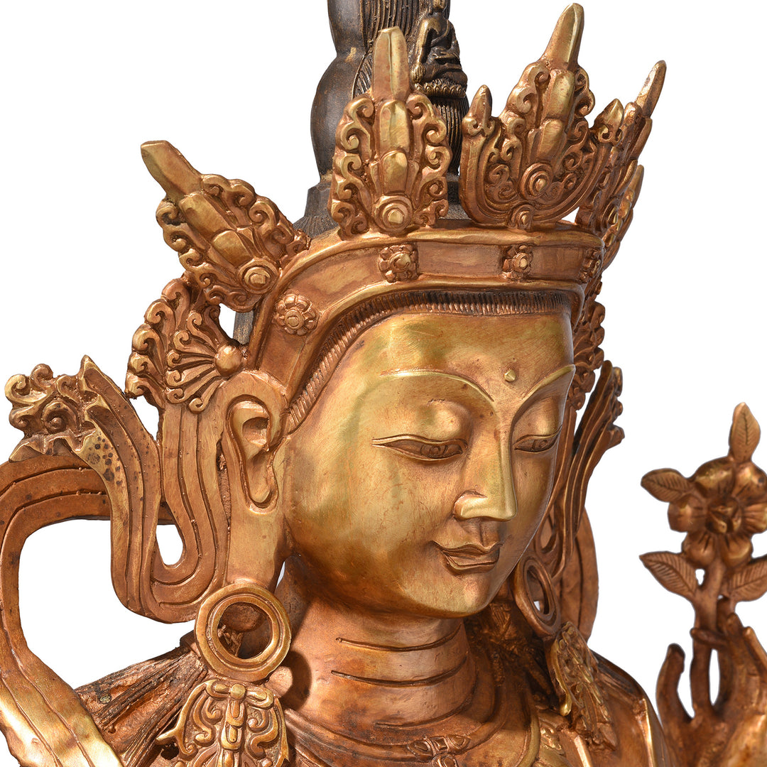 Face of the Gilt Nepalese Bronze Four Armed Chenrezig (Avalokiteśvara) Statue, Reproduction | Indigo Antiques