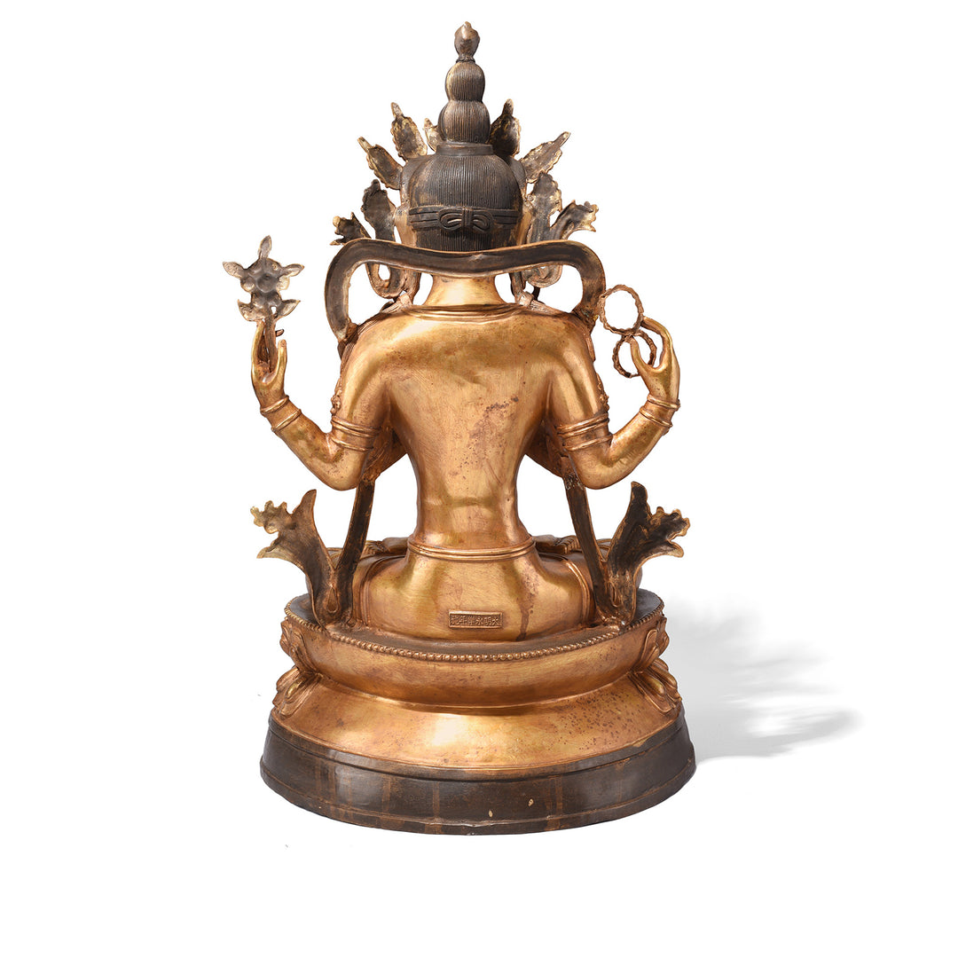 Back of the Gilt Nepalese Bronze Four Armed Chenrezig (Avalokiteśvara) Statue, Reproduction | Indigo Antiques