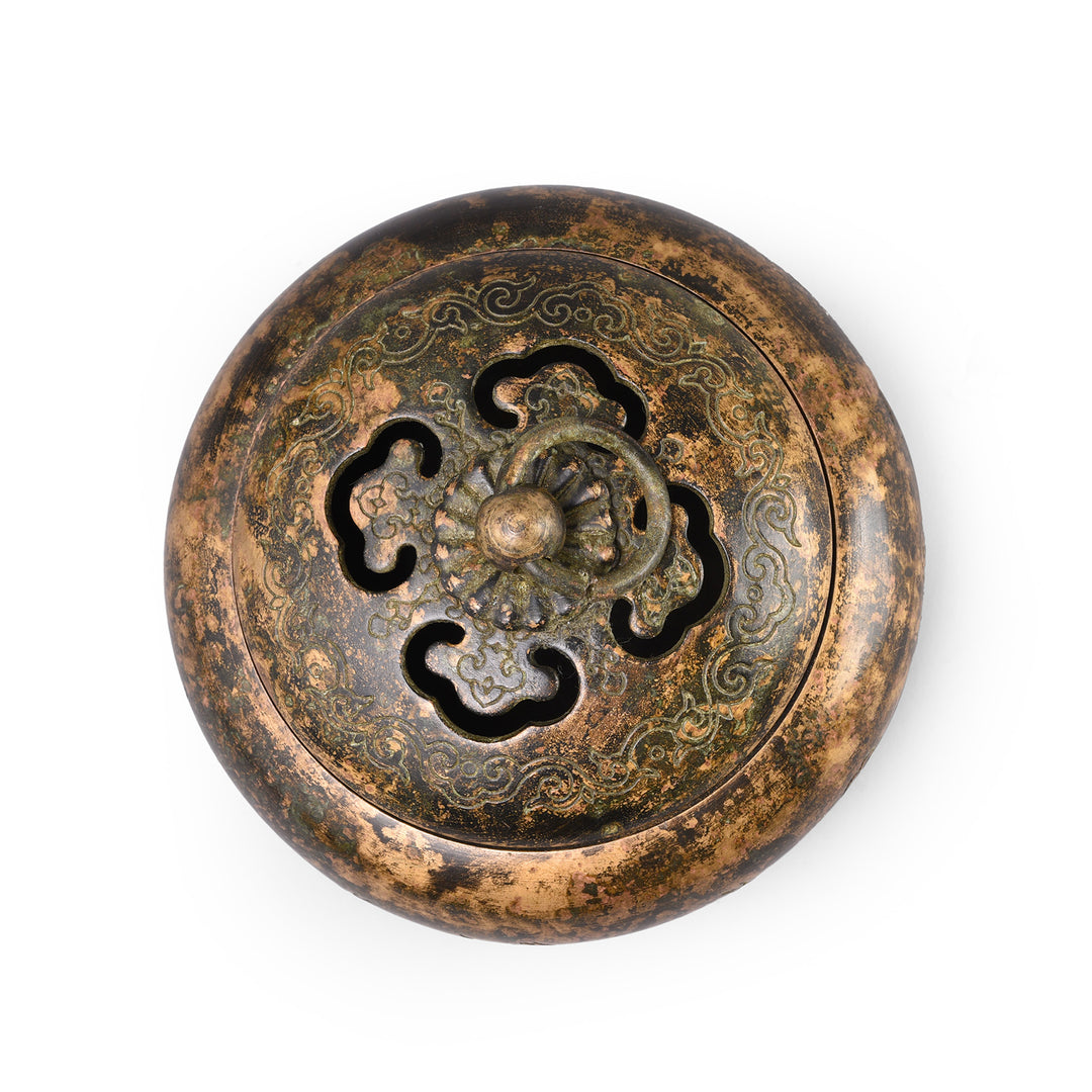 Top Down View Of Bronze Incense Burner With Zodiac Engravings | Indigo Antiques