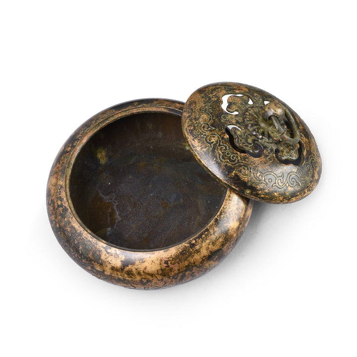 Open Lid VIew Of Bronze Incense Burner With Zodiac Engravings | Indigo Antiques