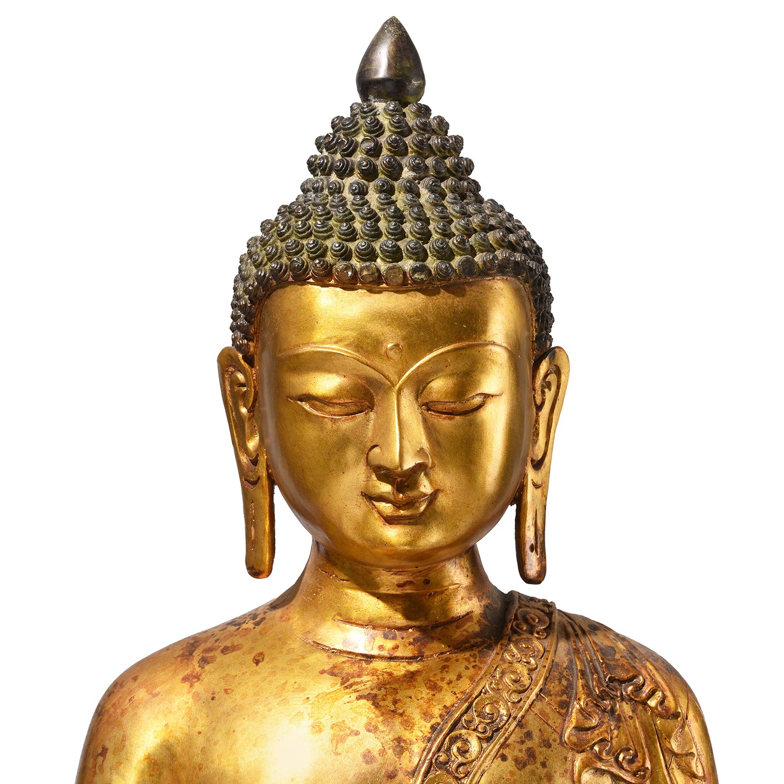 Face Detail From Gilt Brass Sitting Buddha - Dhyana Mudra | Indigo Antiques