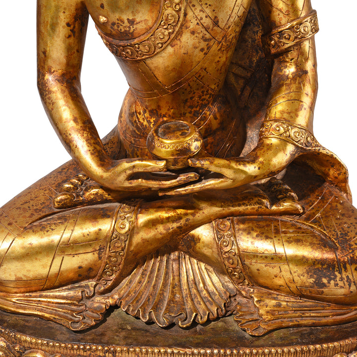 Alms Bowl Detail From Gilt Brass Sitting Buddha - Dhyana Mudra | Indigo Antiques