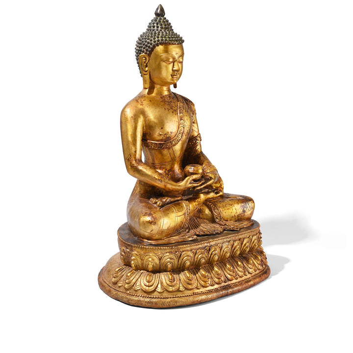 Angled VIew Of Gilt Brass Sitting Buddha - Dhyana Mudra | Indigo Antiques