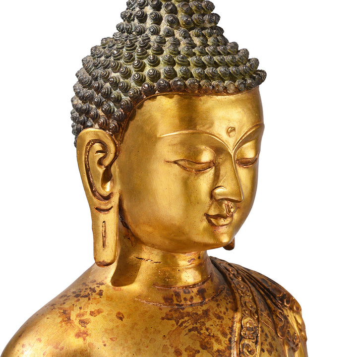 Angled Face Detail From Gilt Brass Sitting Buddha - Dhyana Mudra | Indigo Antiques