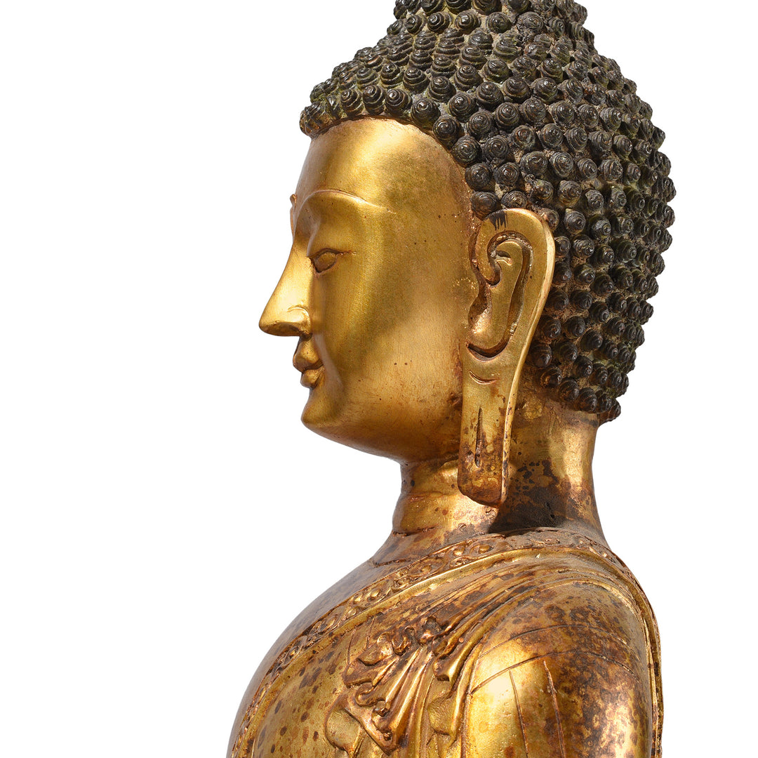 Portrait View Of Gilt Brass Sitting Buddha - Dhyana Mudra | Indigo Antiques