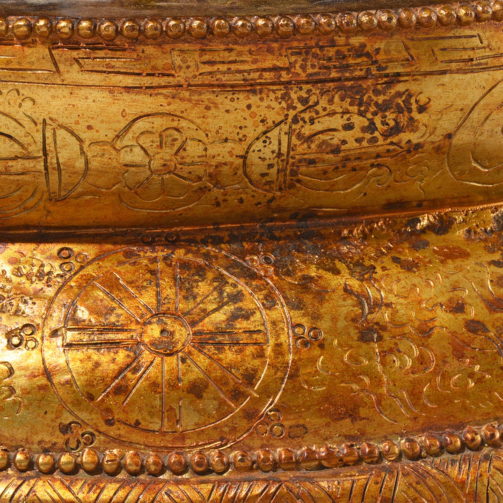 Symbols Detail From The Base Of Gilt Brass Sitting Buddha - Dhyana Mudra | Indigo Antiques