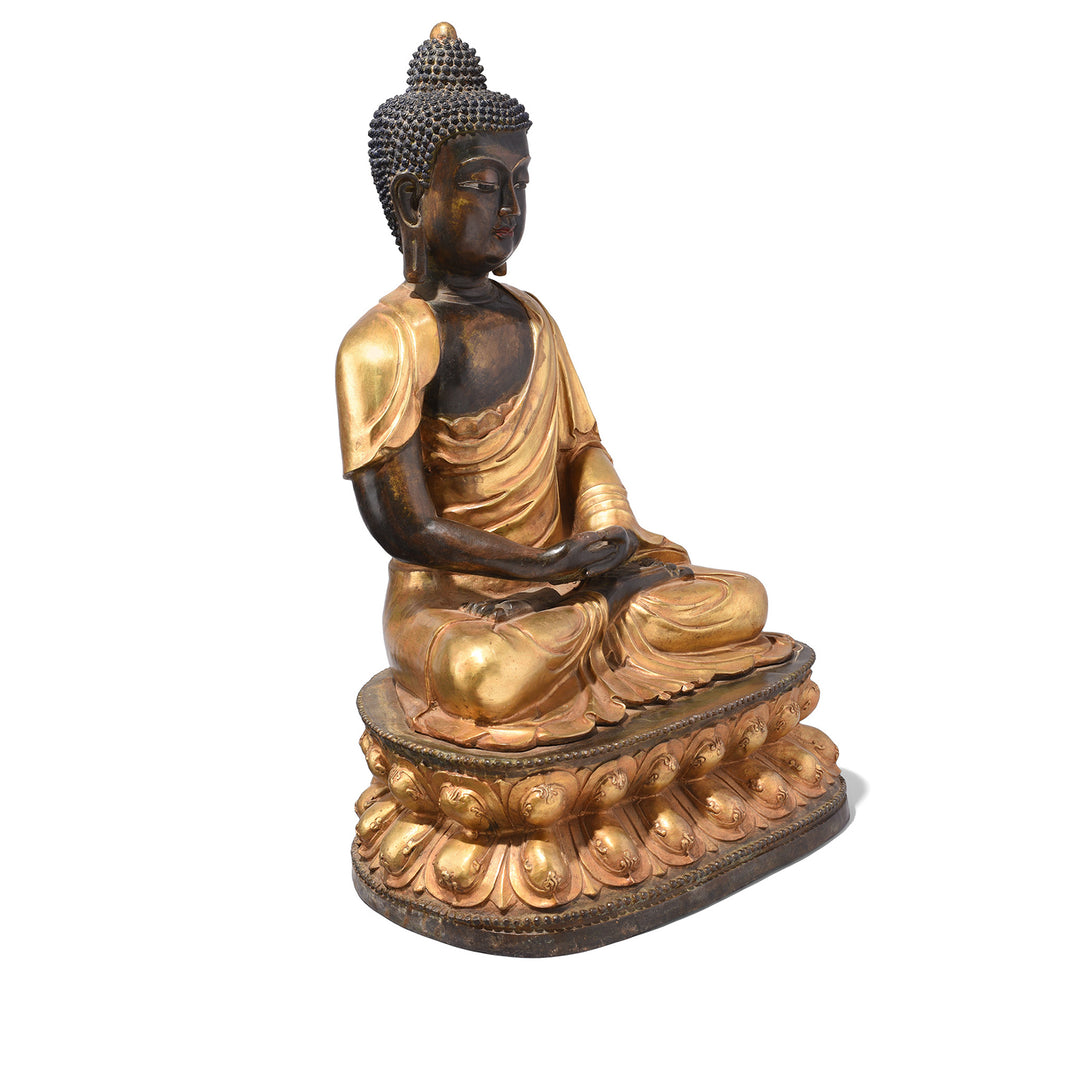 Angled View Of Gilded Statue Of Buddha - Dhyana Mudra Pose | Indigo Antiques