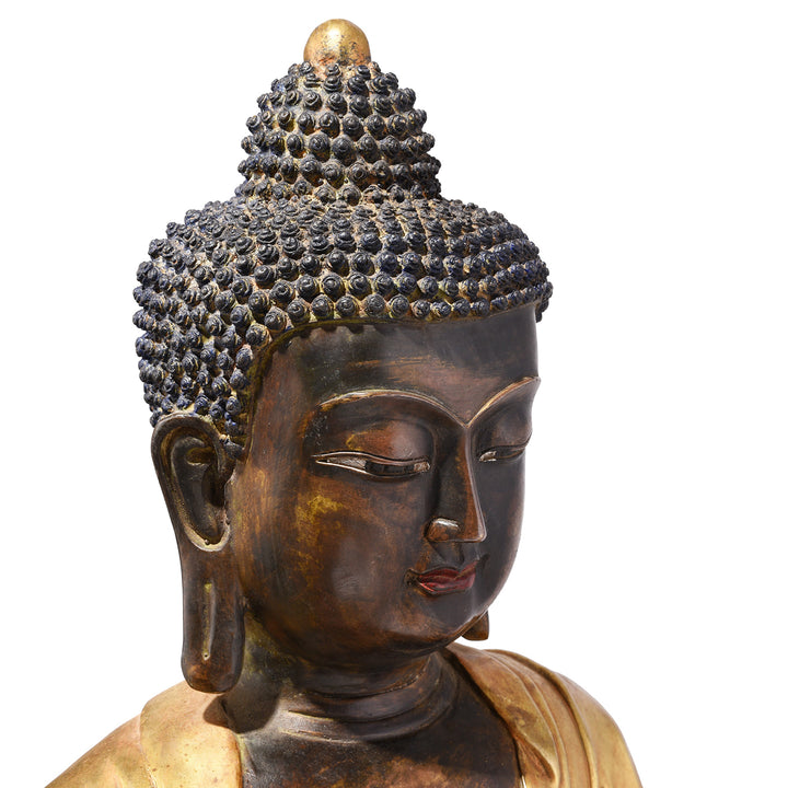 Angled Face View Of Gilded Statue Of Buddha - Dhyana Mudra Pose | Indigo Antiques