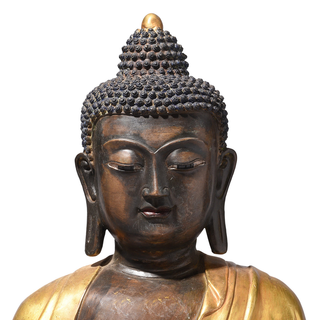 Face Detail From Gilt Brass Sitting Buddha - Bhumisparsha Mudra | Indigo Antiques