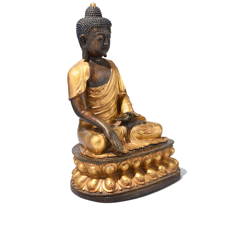 Angled View Of Gilt Brass Sitting Buddha - Bhumisparsha Mudra | Indigo Antiques
