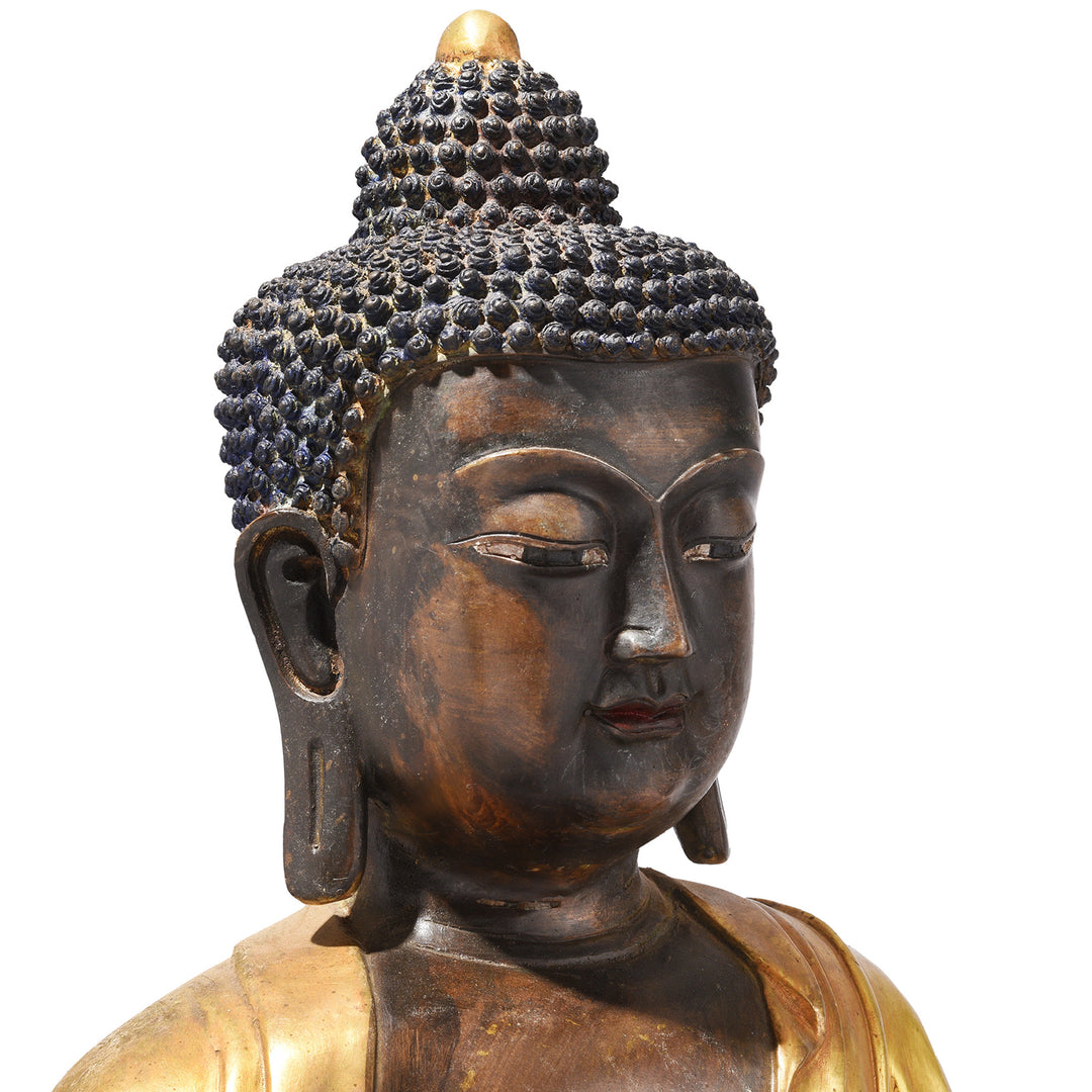 Angled Face Detail From Gilt Brass Sitting Buddha - Bhumisparsha Mudra | Indigo Antiques