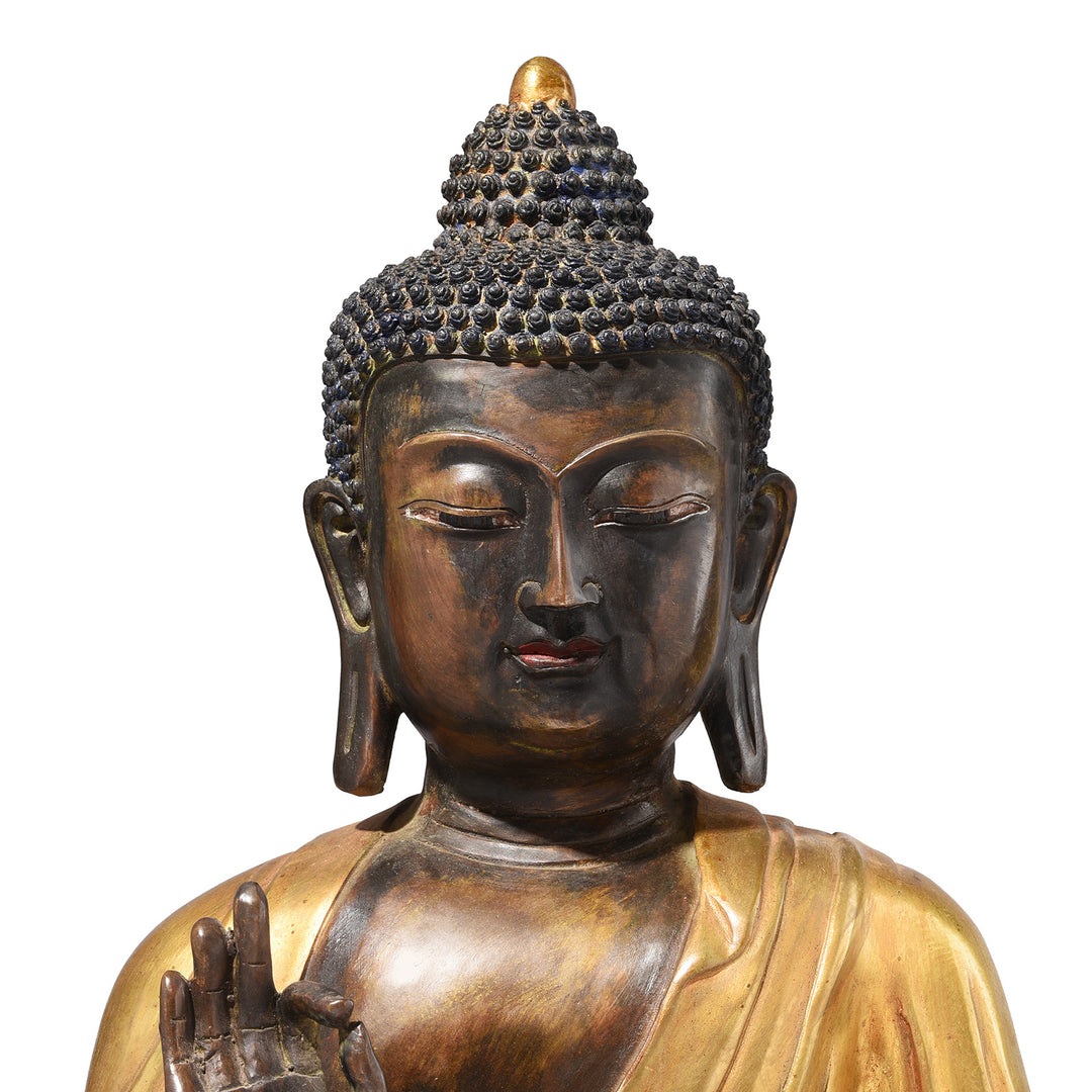 Face Detail From Gilt Brass Sitting Buddha - Vitarka Mudra | Indigo Antiques