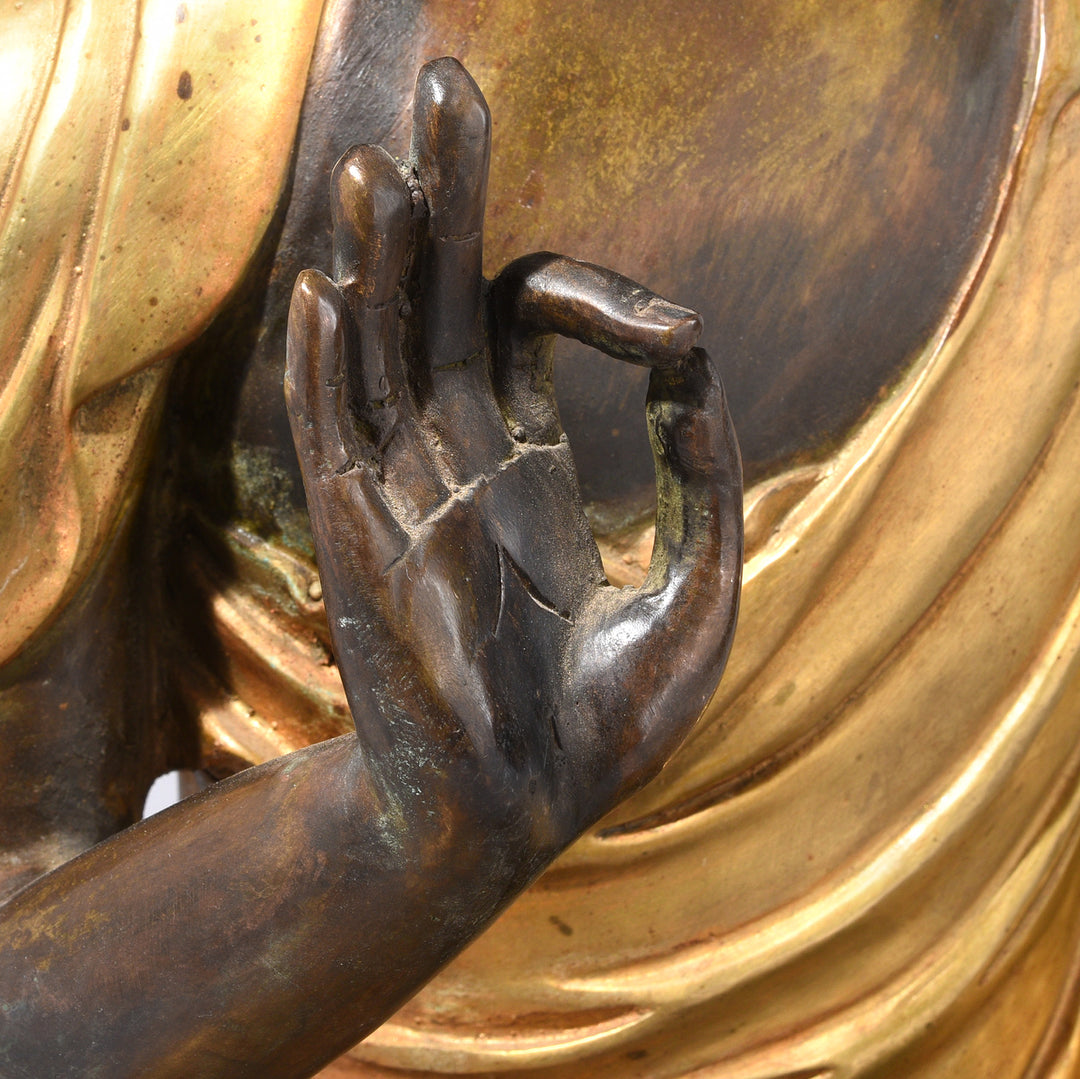 Hand Detail From Gilt Brass Sitting Buddha - Vitarka Mudra | Indigo Antiques