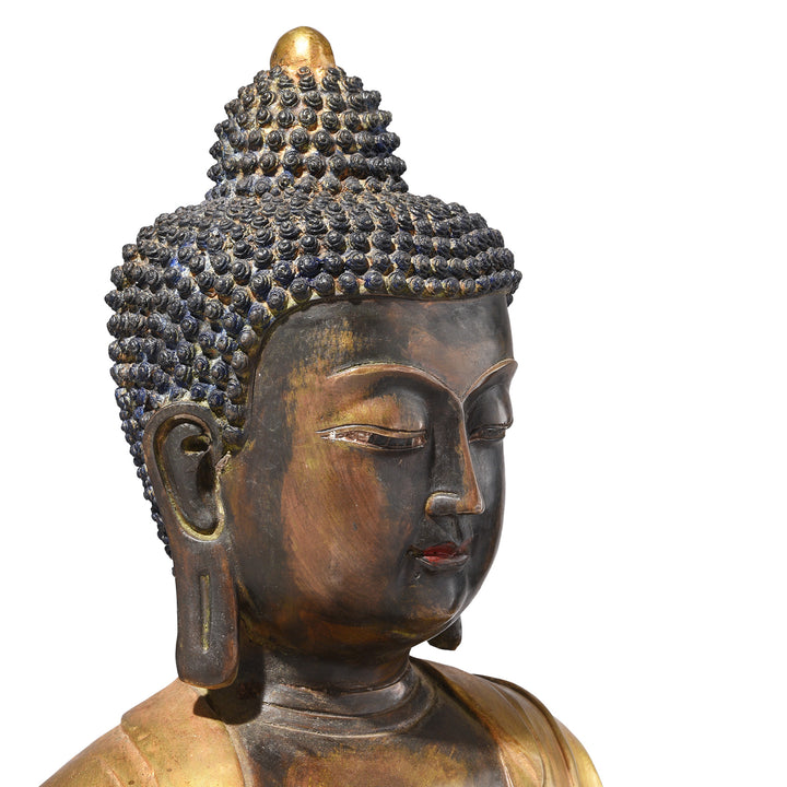 Face Detail From Gilt Brass Sitting Buddha - Vitarka Mudra | Indigo Antiques