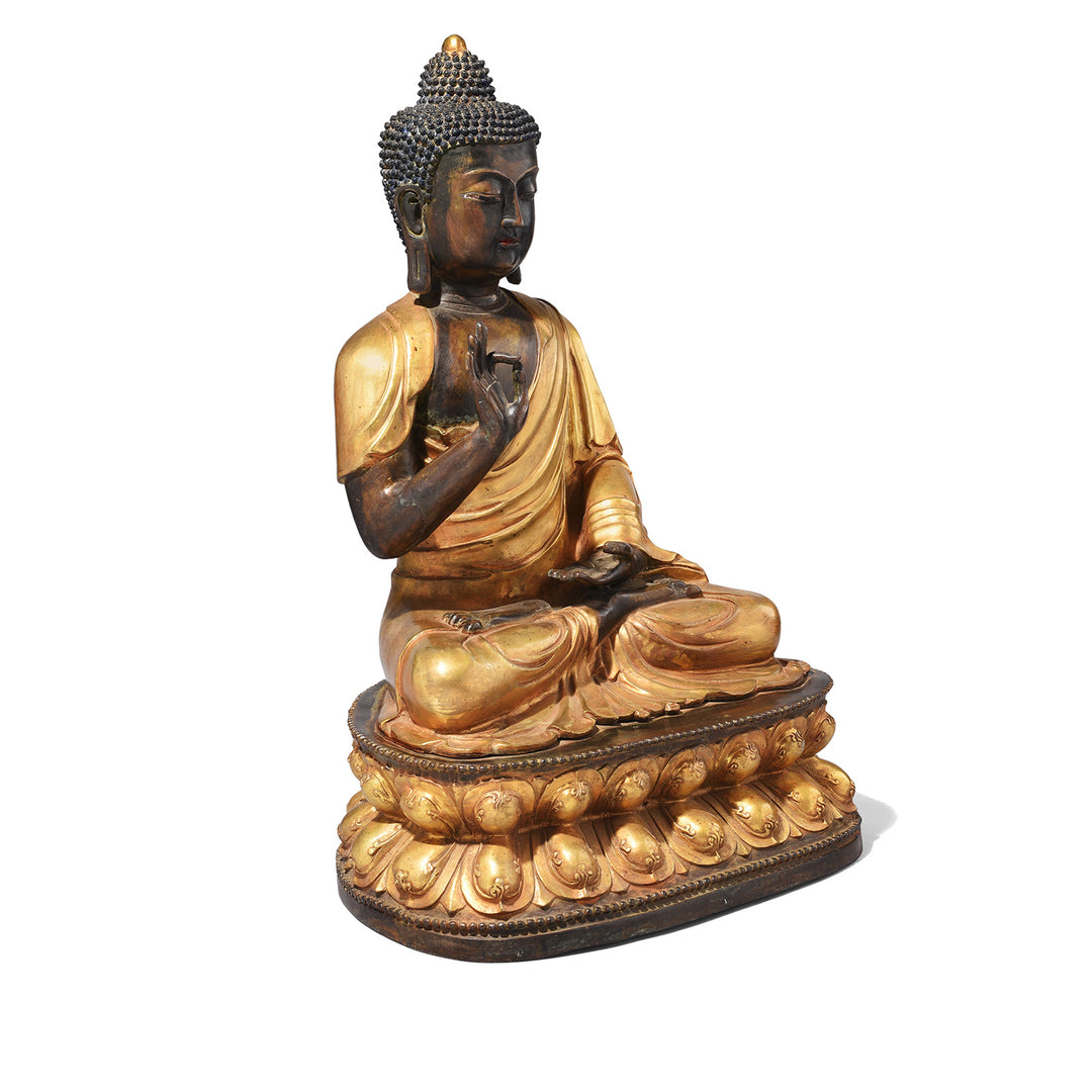 Angled View Of Gilt Brass Sitting Buddha - Vitarka Mudra | Indigo Antiques