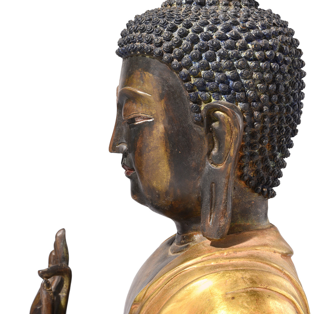 Profile View Of Gilt Brass Sitting Buddha - Vitarka  Mudra | Indigo Antiques