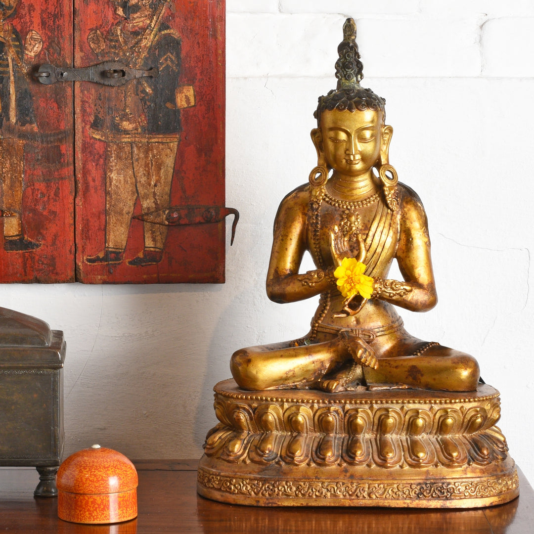 Gilt brass Vairochana Buddha - Meditation Buddha in the dharmachakra mudra