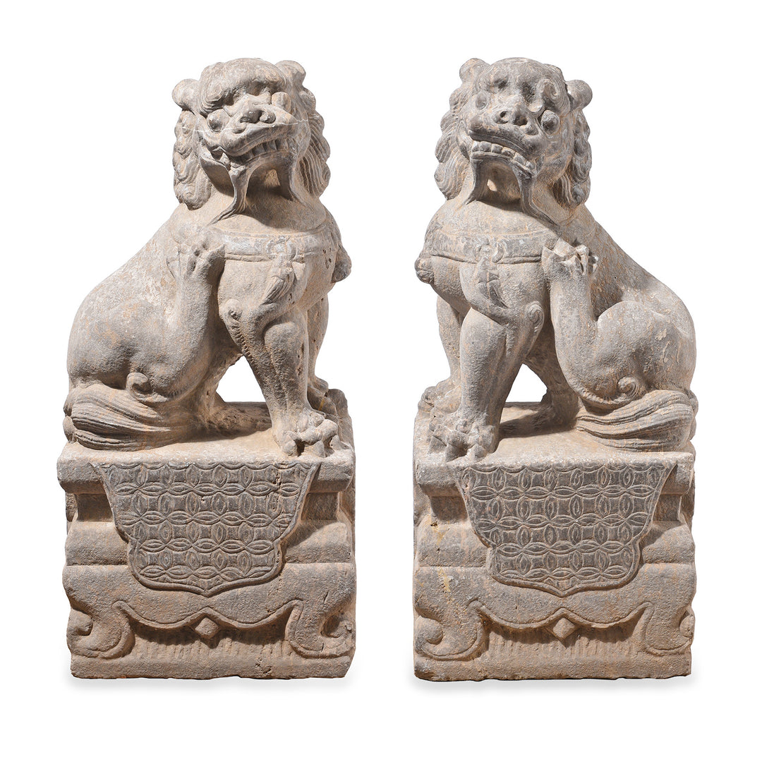 Pair Of Chinese Carved Stone Guardian Lions | Indigo Antiques