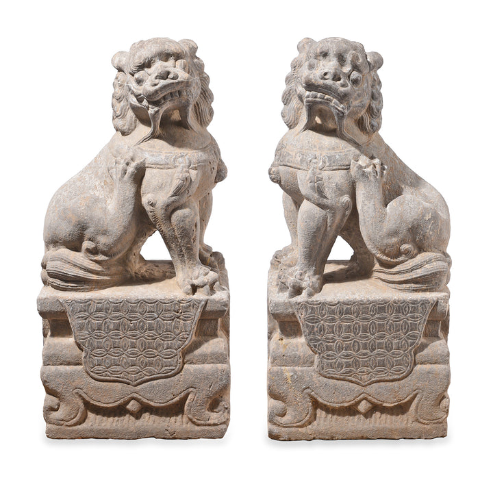 Pair Of Chinese Carved Stone Guardian Lions | Indigo Antiques