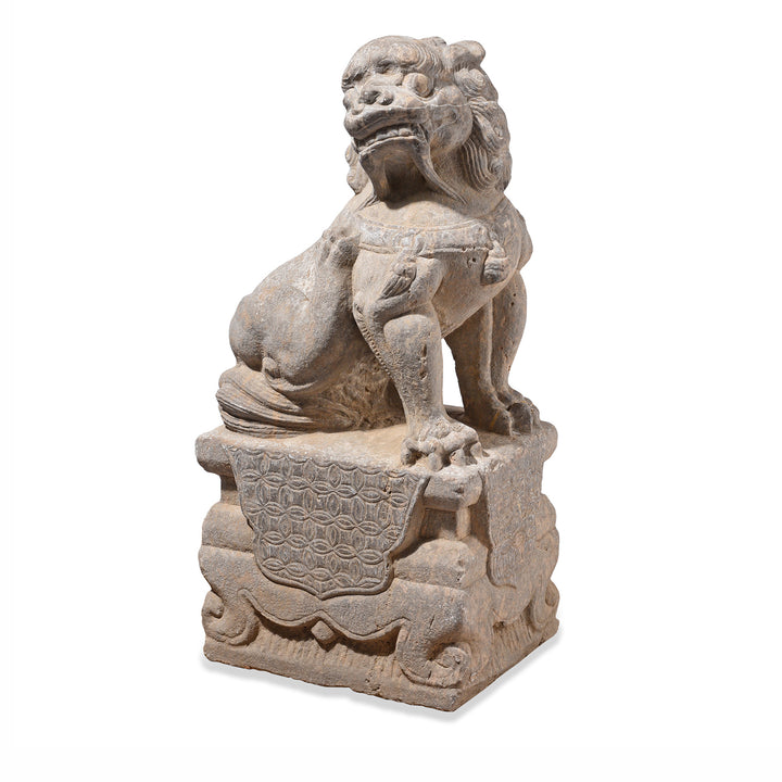 Angled View Of Pair Of Chinese Carved Stone Foo Dogs | Indigo Antiques