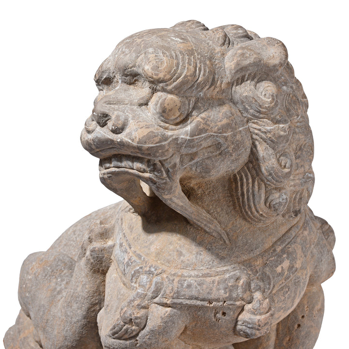 Face Detail From Pair Of Chinese Carved Stone Foo Dogs | Indigo Antiques
