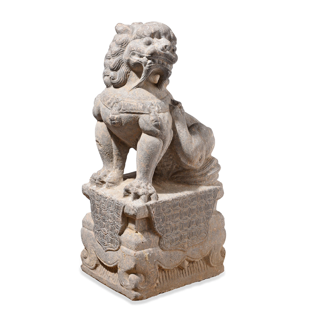 Angled VIew Of Pair Of Chinese Carved Stone Foo Dogs | Indigo Antiques