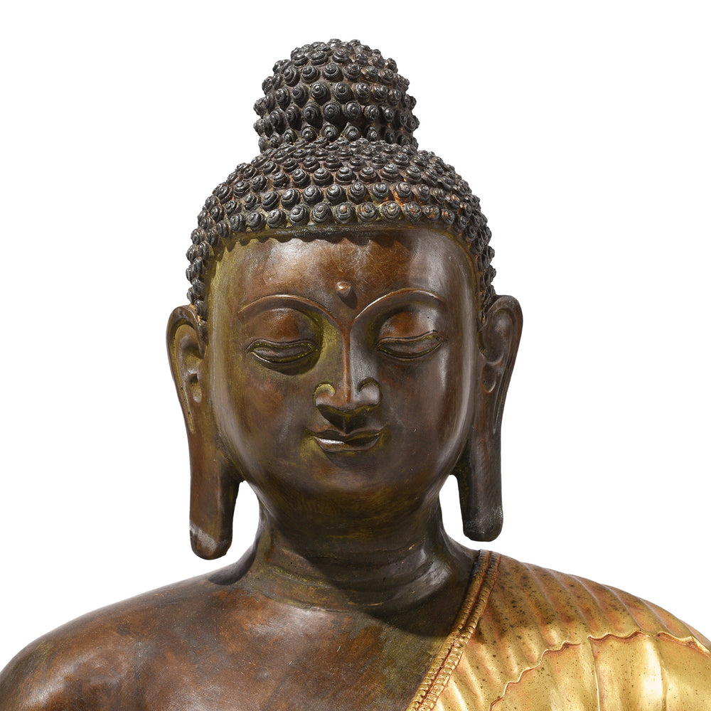 Face Detail From Gilt Bronze Sitting Buddha Statue - Varada Mudra | Indigo Antiques