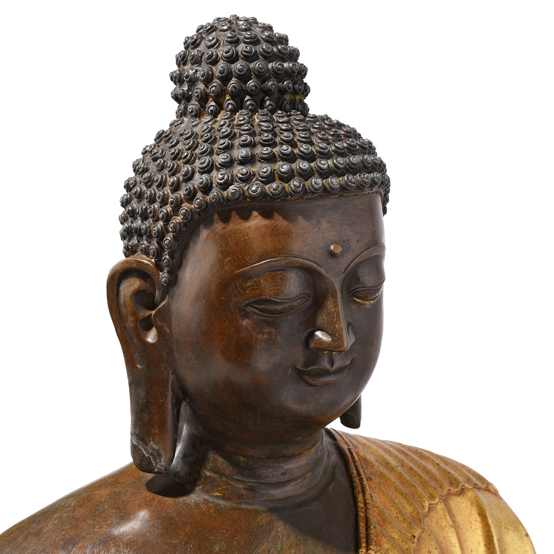 Angled Face Detail From Gilded Statue Of Buddha - Dhyana Mudra Pose | Indigo Antiques
