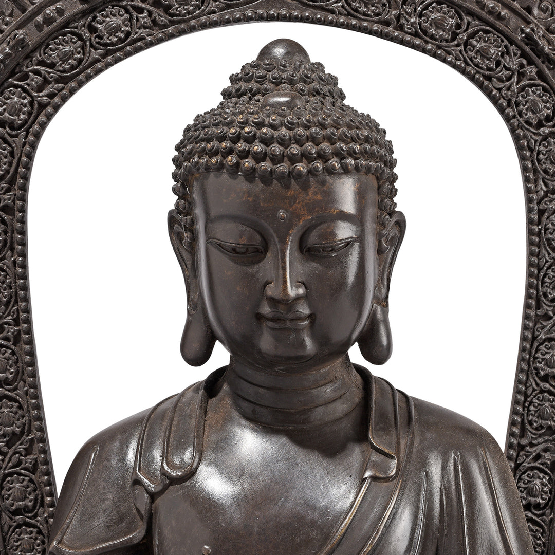 Face Detail From Bronze Sitting Buddha Statue - Bhumisparsha Mudra | Indigo Antiques