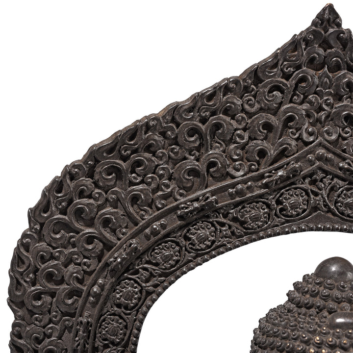 Engraving Detail From Backrest Of Bronze Sitting Buddha Statue - Bhumisparsha Mudra | Indigo Antiques