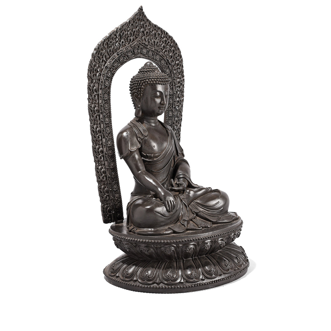 Angled View Of Bronze Sitting Buddha Statue - Bhumisparsha Mudra | Indigo Antiques