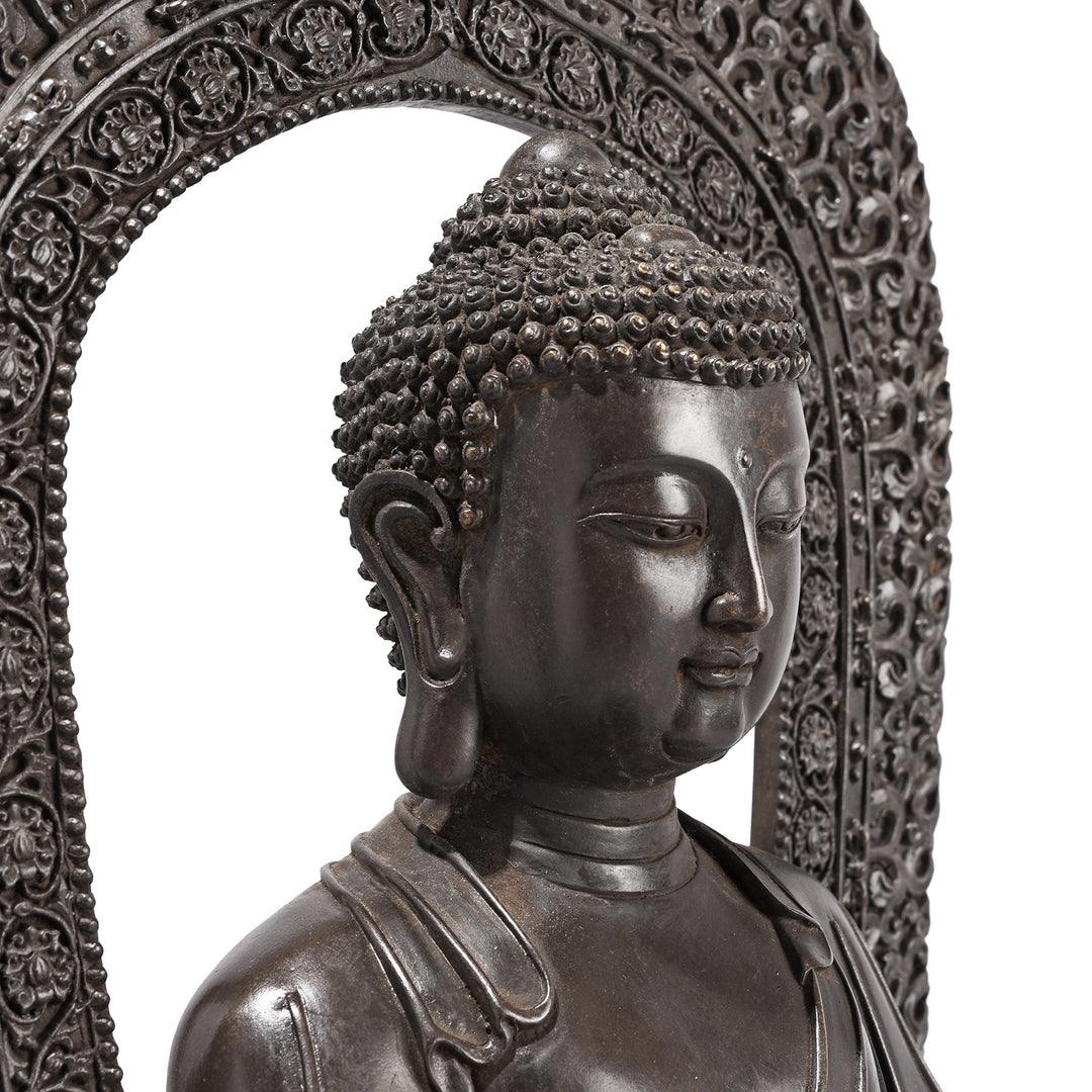 Angled Face Detail From Bronze Sitting Buddha Statue - Bhumisparsha Mudra | Indigo Antiques