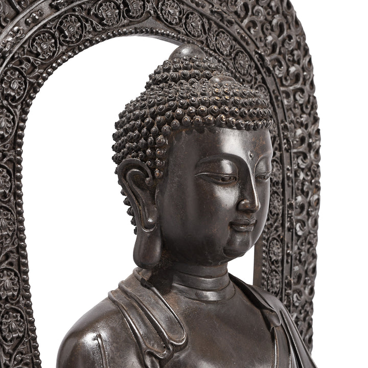 Angled Face Detail From Bronze Sitting Buddha Statue - Bhumisparsha Mudra | Indigo Antiques