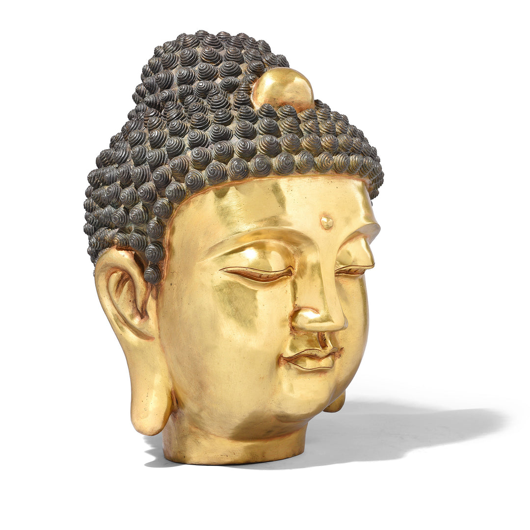 Angled View Of Gilded Brass Head of Lord Buddha | Indigo Antiques