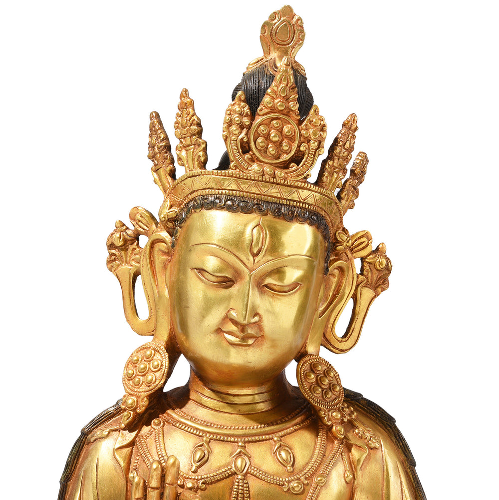 Face Detail From Gilt Brass Statue Of Amitāyus | Indigo Antiques