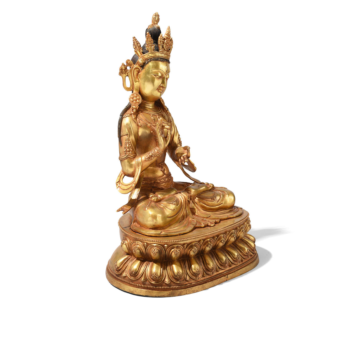 Angled View Of Gilt Brass Statue Of Amitāyus | Indigo Antiques