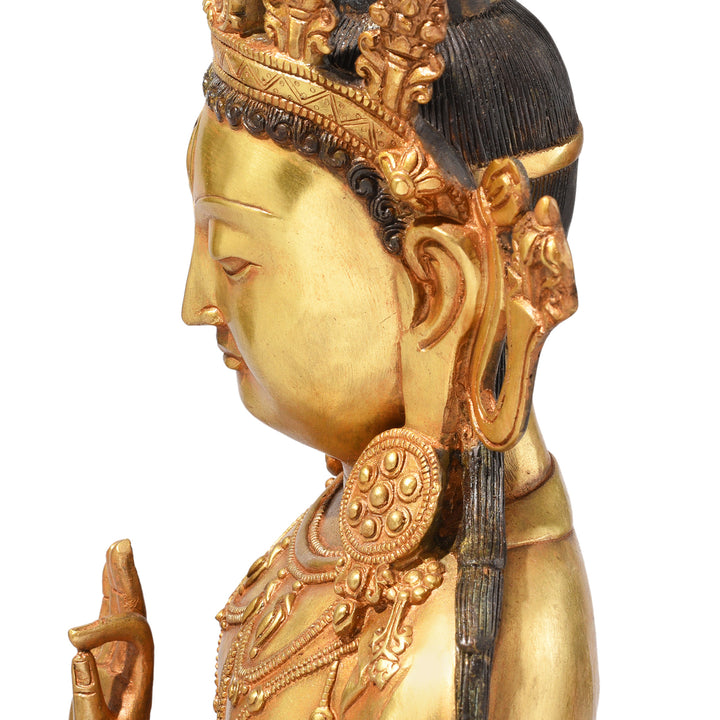 Portrait View Of Gilt Brass Statue Of Amitāyus | Indigo Antiques