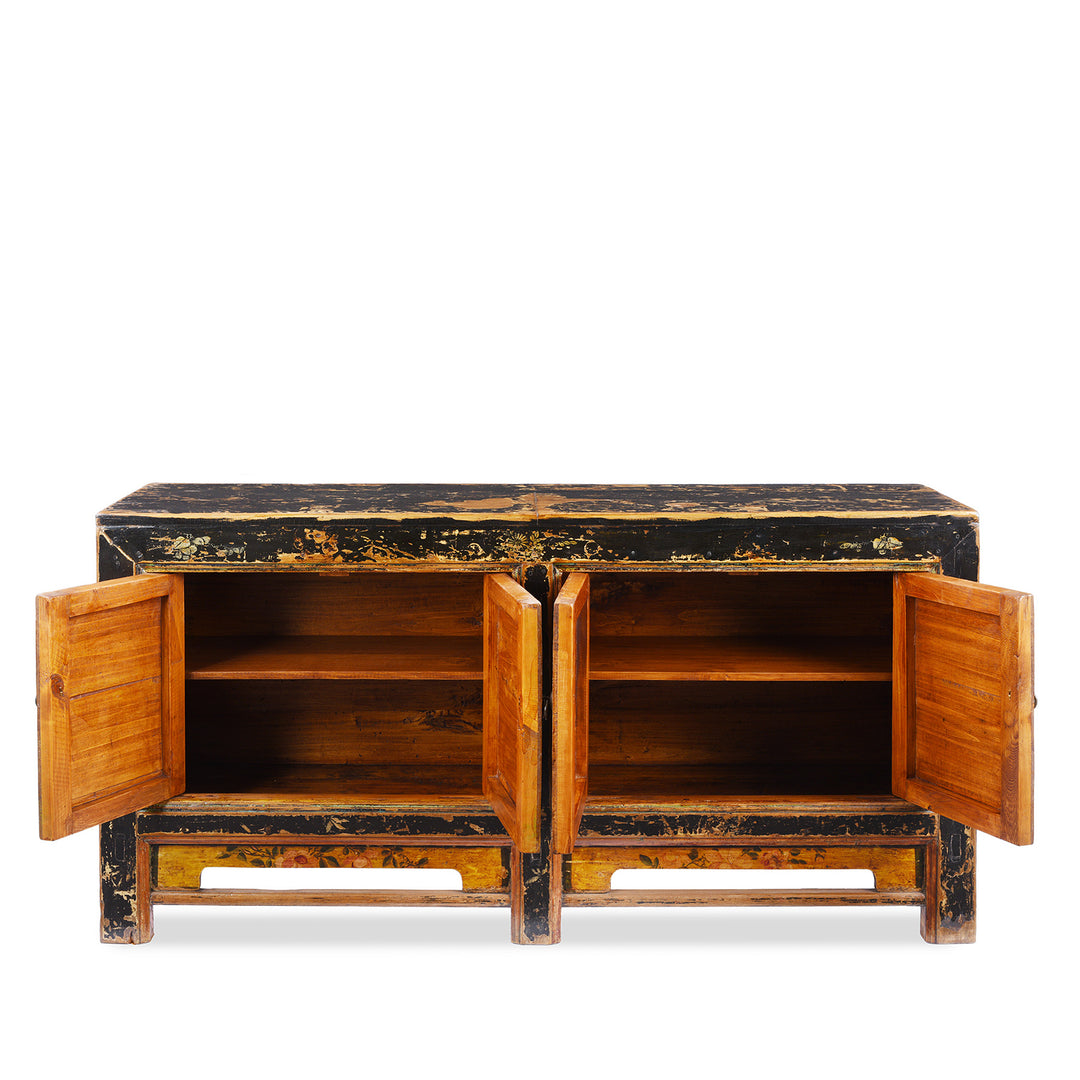 Open Doors View Showing Interior Of Antique Painted Mongolian Grain Store Sideboard | Indigo Antiques