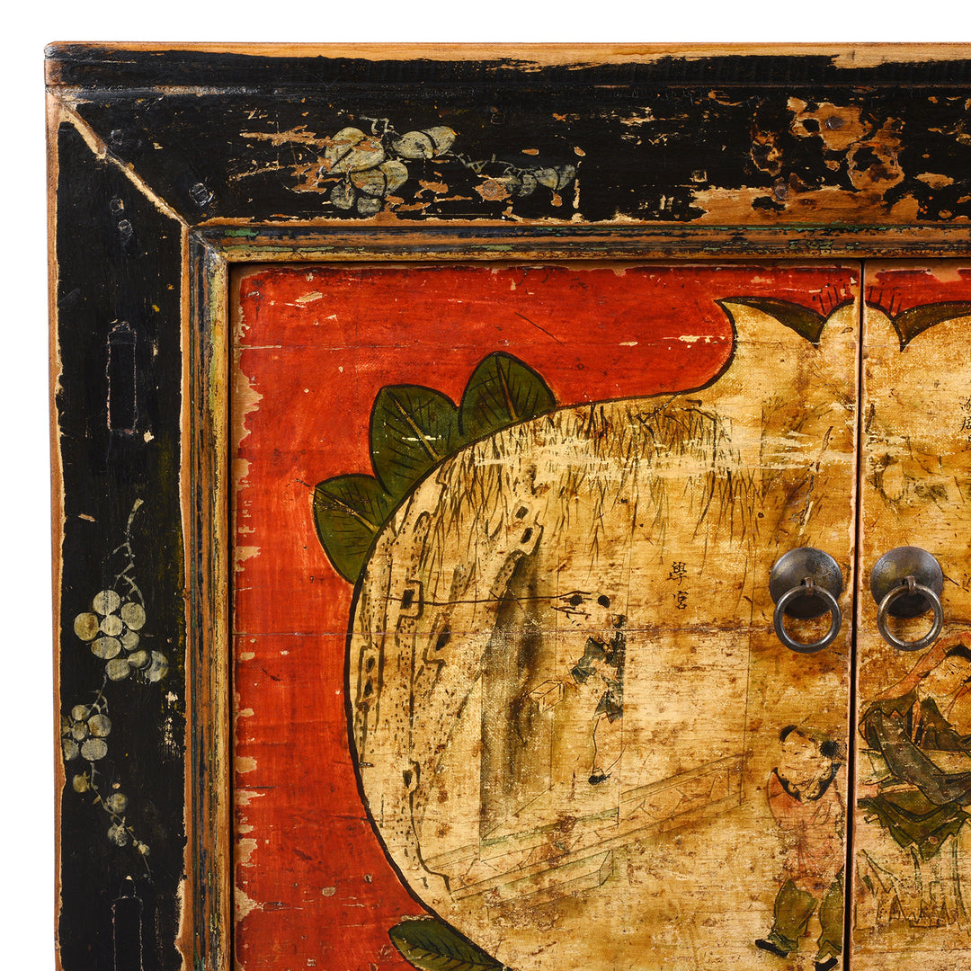 Corner Detail Showing Frame And Paintwork On Antique Painted Mongolian Grain Store Sideboard | Indigo Antiques