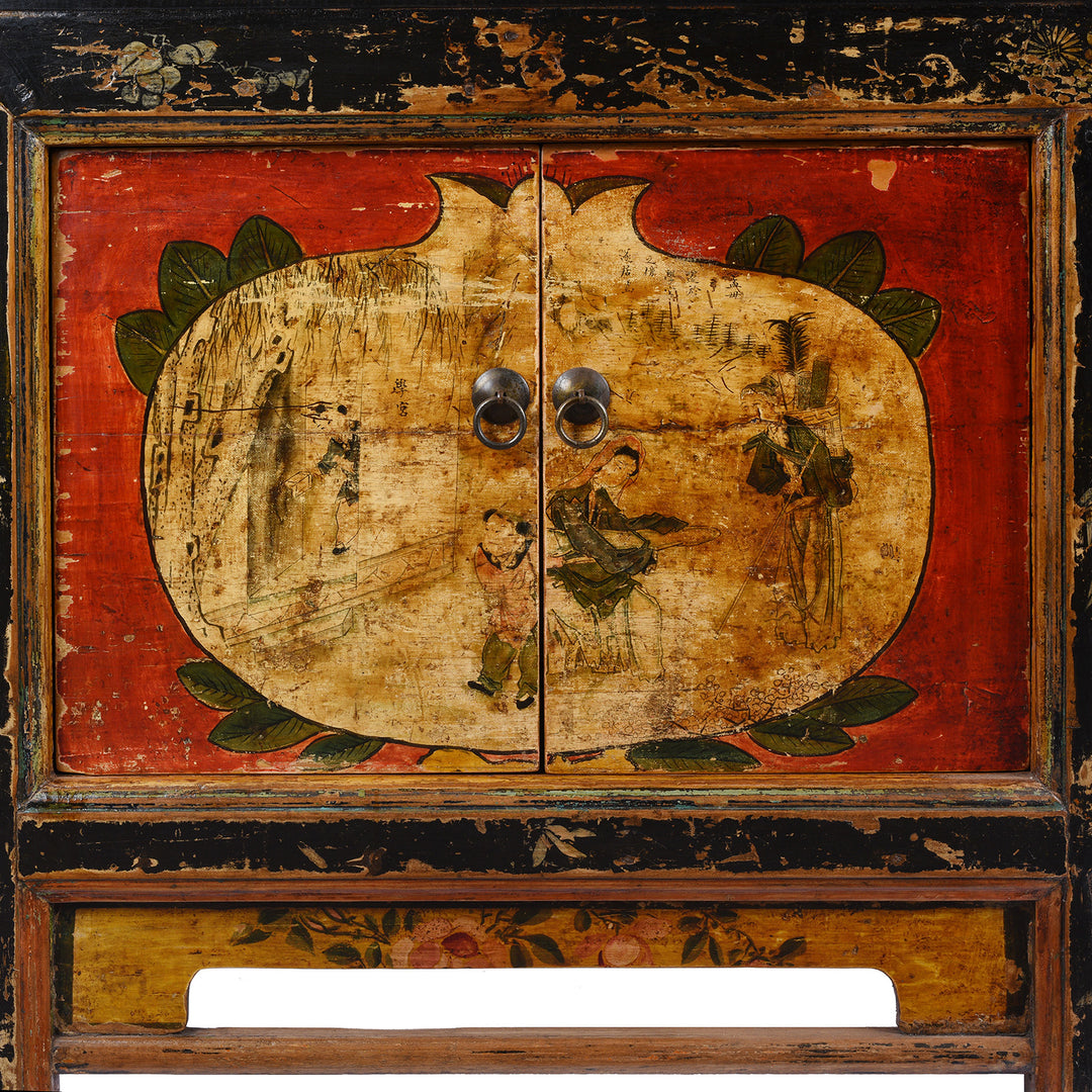 Artwork From Door Of Antique Painted Mongolian Grain Store Sideboard | Indigo Antiques