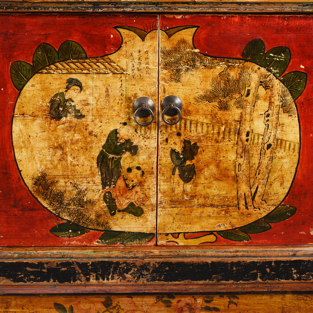 Artwork Detail From Door Of Antique Painted Mongolian Grain Store Sideboard | Indigo Antiques