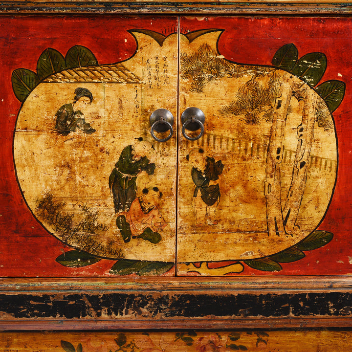 Artwork Detail From Door Of Antique Painted Mongolian Grain Store Sideboard | Indigo Antiques