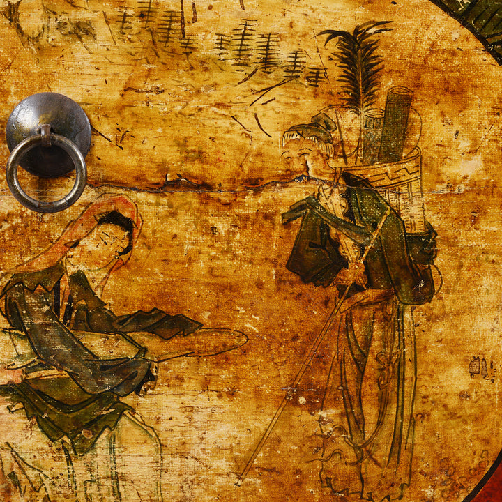 Close Up Character Detail From Artwork On Antique Painted Mongolian Grain Store Sideboard | Indigo Antiques