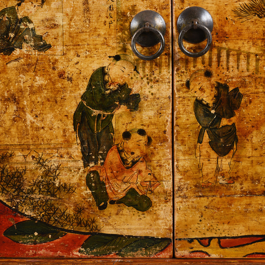 Close Up Charactwer Detail From Artwork On Antique Painted Mongolian Grain Store Sideboard | Indigo Antiques