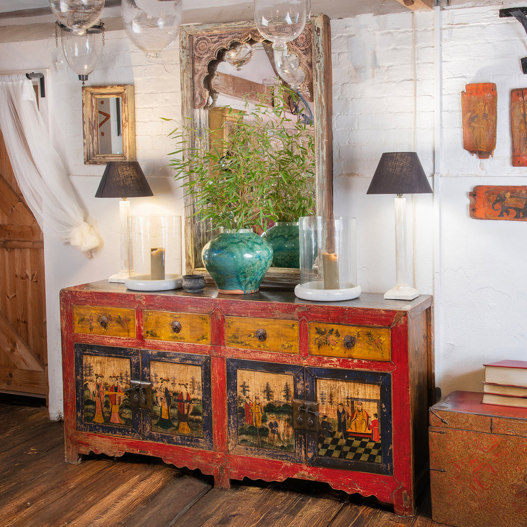 Bold red Mongolian painted Oriental interior sideboard
