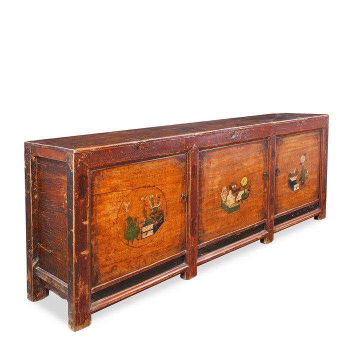 Angled View Of Antique 3 Door Painted Sideboard From Mongolia | Indigo Antiques