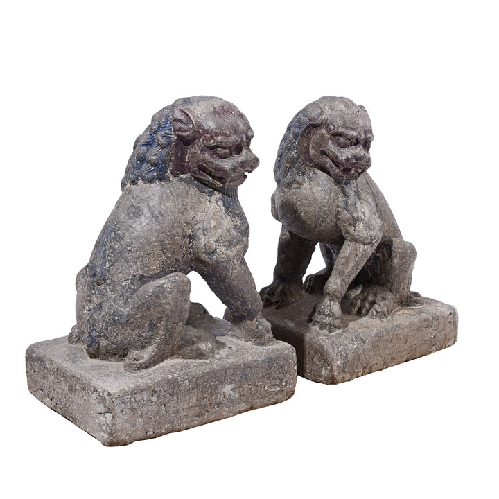 Angled View Of Pair Of Stone Foo Dogs | Indigo Antiques