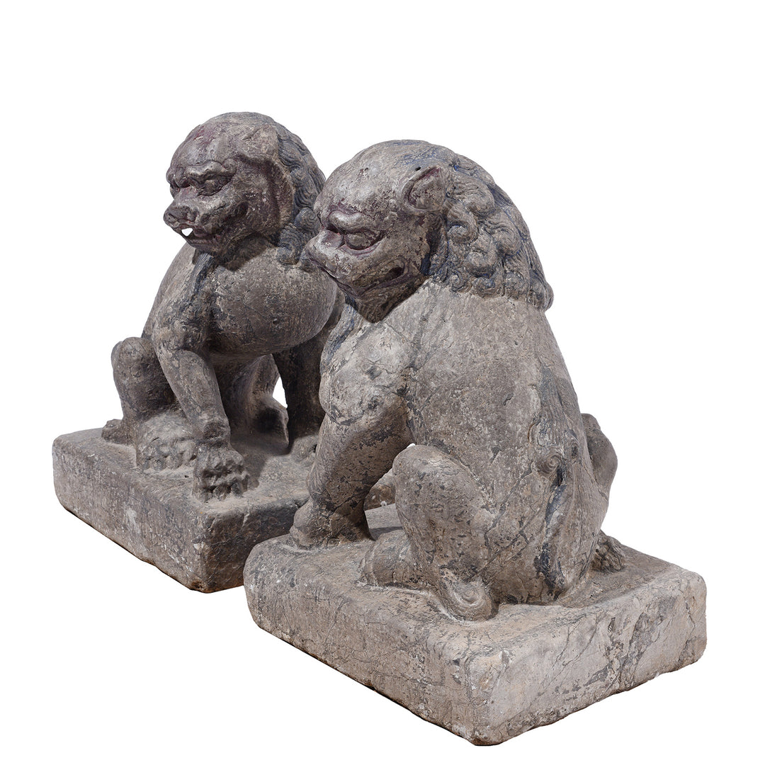 Angled VIew Of Pair Of Stone Foo Dogs | Indigo Antiques