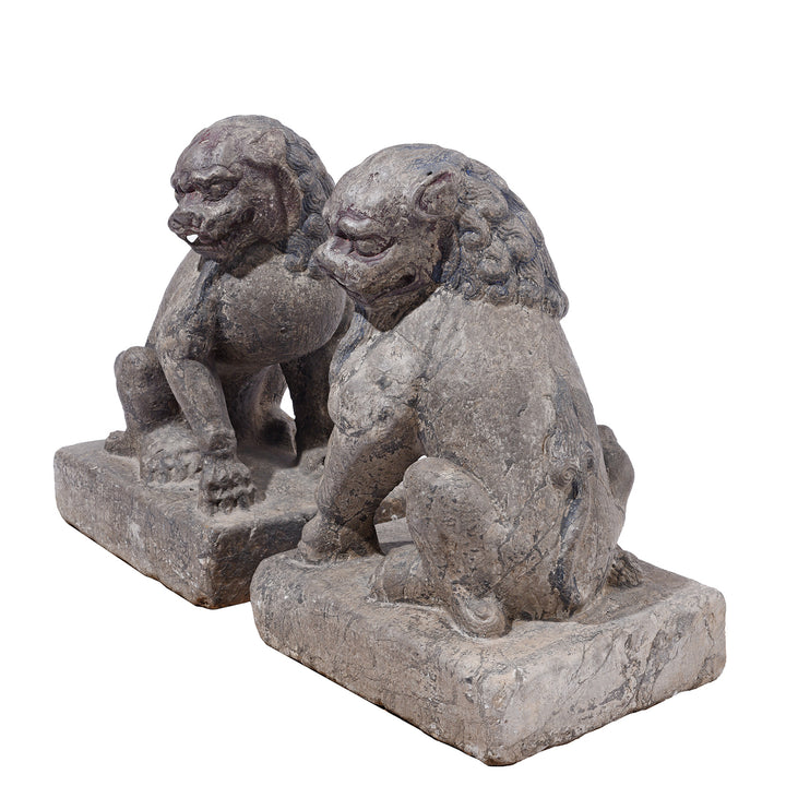 Angled VIew Of Pair Of Stone Foo Dogs | Indigo Antiques